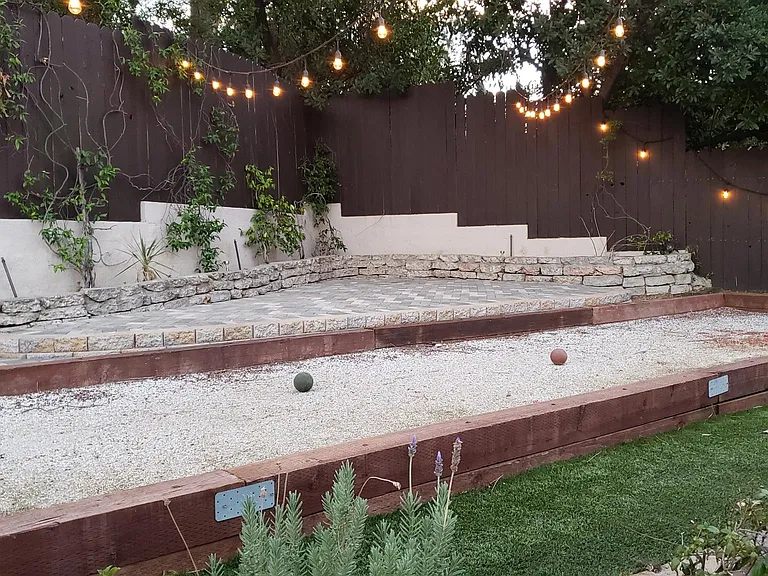 Patio area overseeing the bocce court. Perfect for hanging out with friends and family.