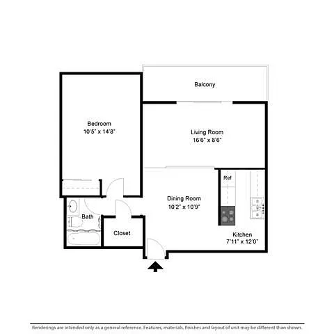 Floor plan 1 Bed 1 Bath Step-Down