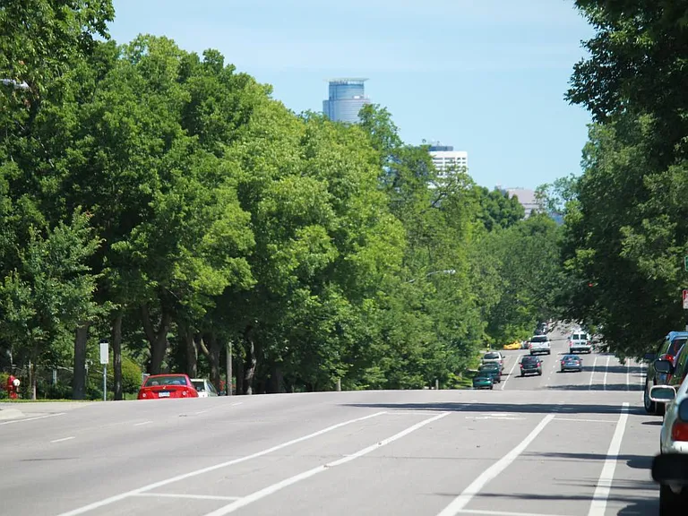 view of downtown, on bike path, straight to downtown
