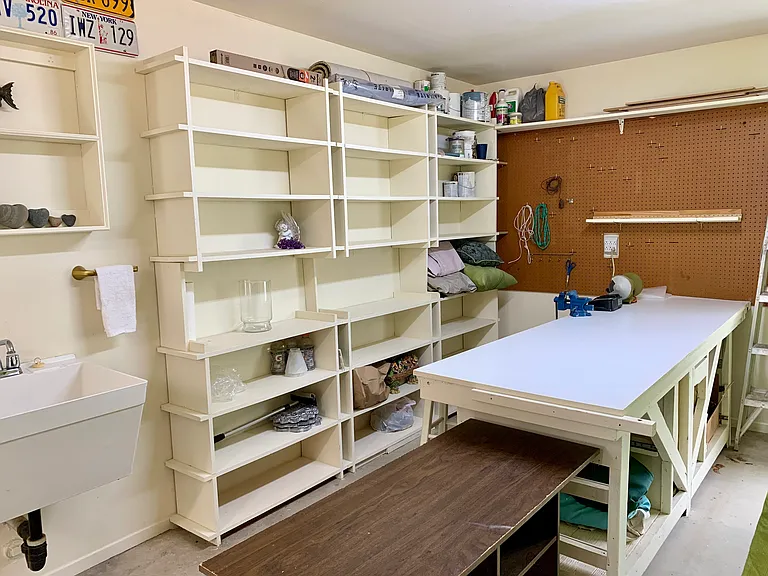 Garage shelving and workbench.