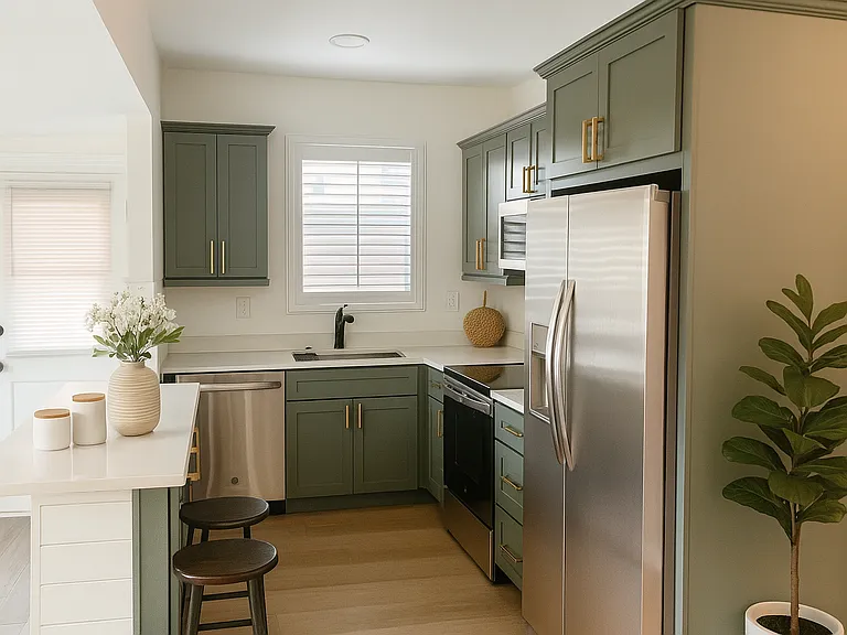 Digital rendering of kitchen view from the living room.