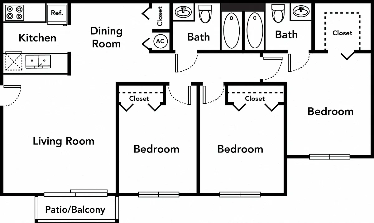 Floor plan Three Bedroom Two Bath 50%