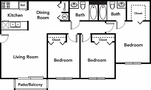 Floor plan Three Bedroom Two Bath 50%