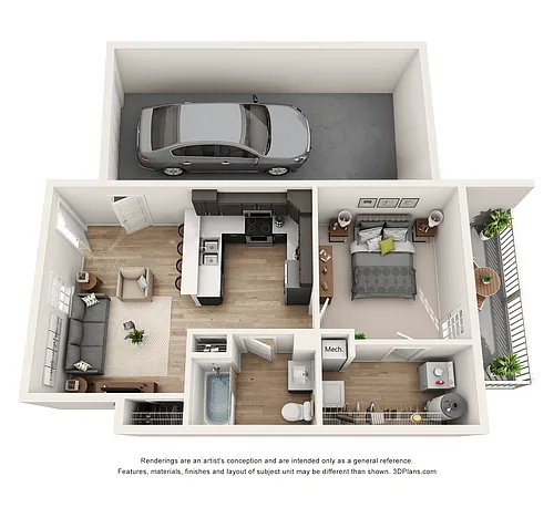 Floor plan 1 Bedroom with attached Garage - 680sf