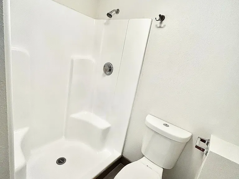 Modern bathroom with elegant shower and sleek fixtures, offering a clean and spacious feel.