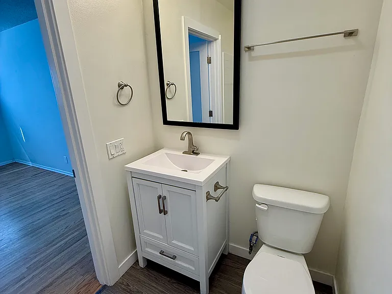 Bathroom, vanity, medicine cabinet, toilet, and doorway into the bedroom.