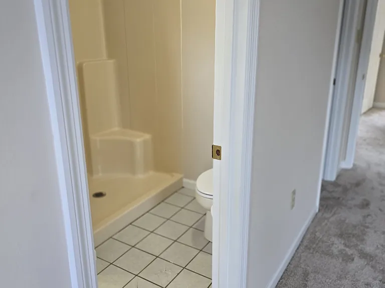 Master bath w/ 4 foot shower & elongated toilet.