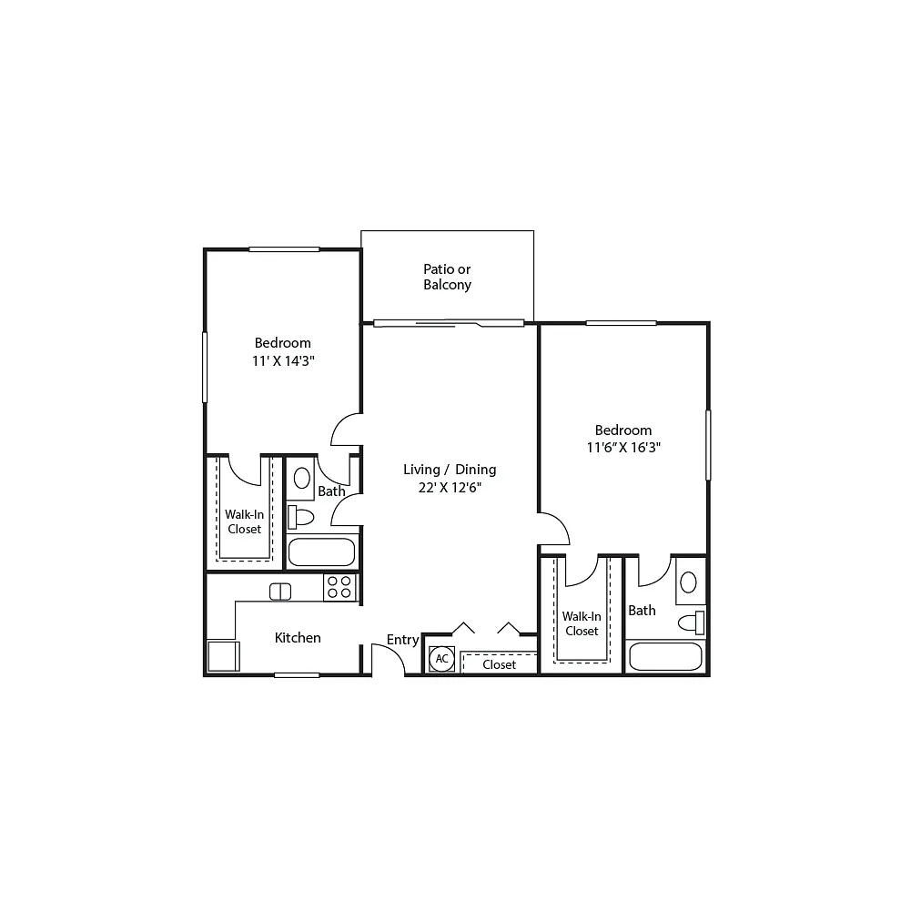 Floor plan 2x2 - 951 sqft - The Queen SxS beds