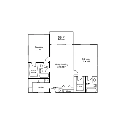 Floor plan 2x2 - 951 sqft - The Queen SxS beds