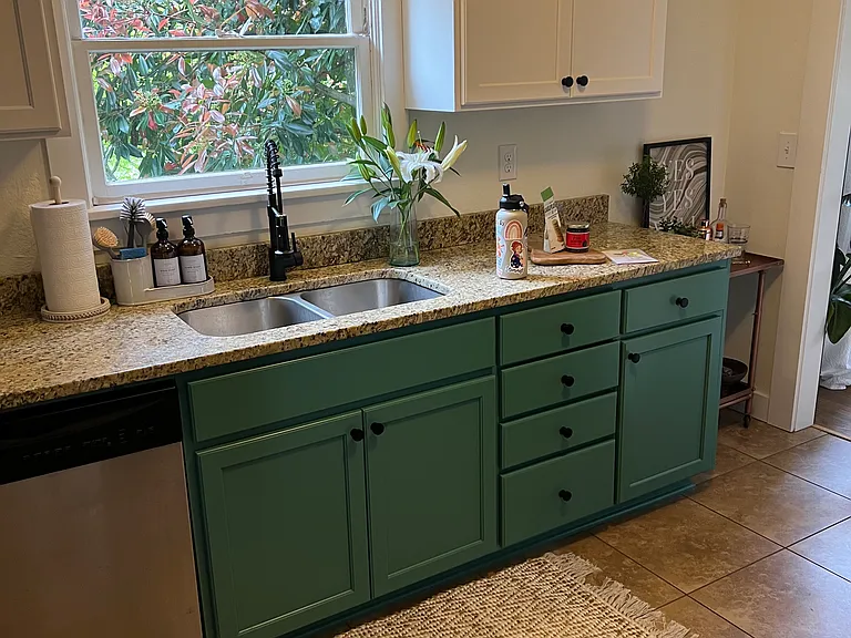 Highlighting the counter space, cabinet storage, and a functioning dishwasher