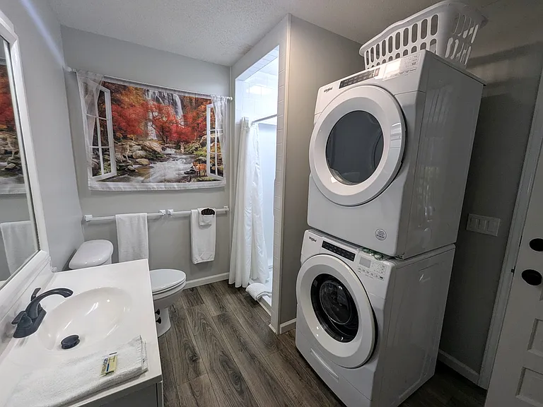 Gameroom bathroom with full-sized washer and dryer.