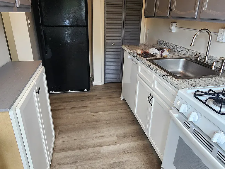 Galley kitchen with Dishwasher, stove and refrigerator