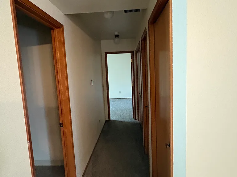 Downstairs hallway with half bath on the left, two storage closets and a laundry closet on the right.