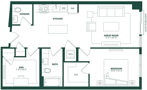 Floor plan 1 Bed/1.5 Bath Den-1L
