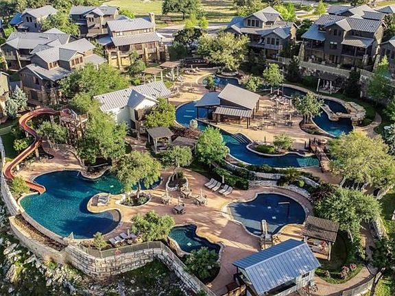 Aerial view of the Reserve Pool and waterslide with Lazy River