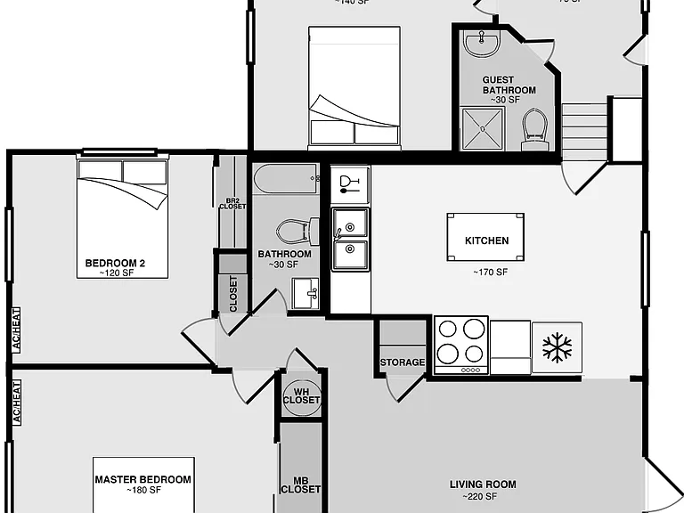 Main floor: Master Bedroom, Bedroom 2, Living Room, & Kitchen. Lower Level: Guest Bedroom or Office, Guest Bathroom, & Mudroom / Laundry.