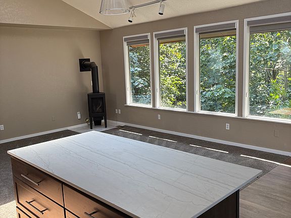 Kitchen view . Gas fireplace cozy in the winter .Mini split combo heat and air conditioner keeps summers cool.