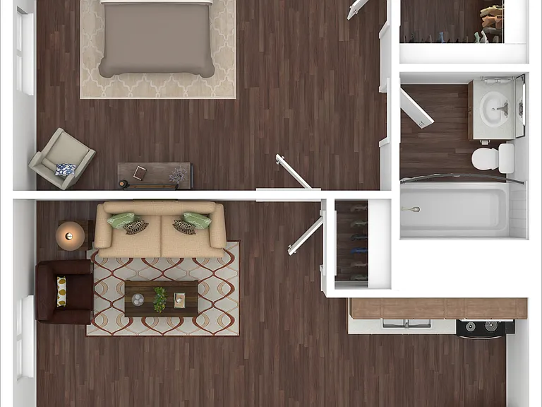 Explore this chic modern apartment layout, crafted for contemporary comfort. Explore this chic modern apartment layout, crafted for contemporary comfort.