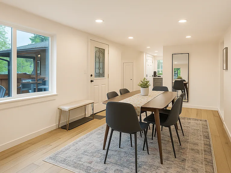 Bright and welcoming dining area with seating for six_perfect for sharing meals, playing games, or gathering for conversation