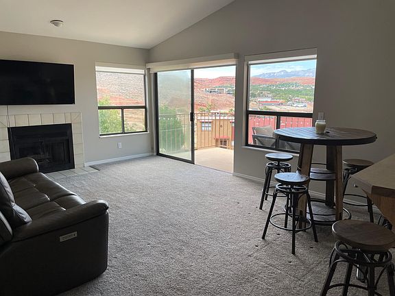 Fireplace and large living room.