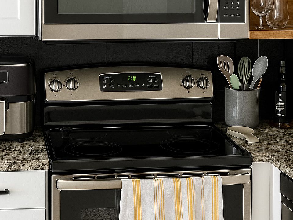 Kitchen stainless steel appliances - stove and microwave