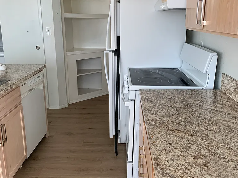 Stove and refrigerator and dishwasher with granite counter tops in the kitchen