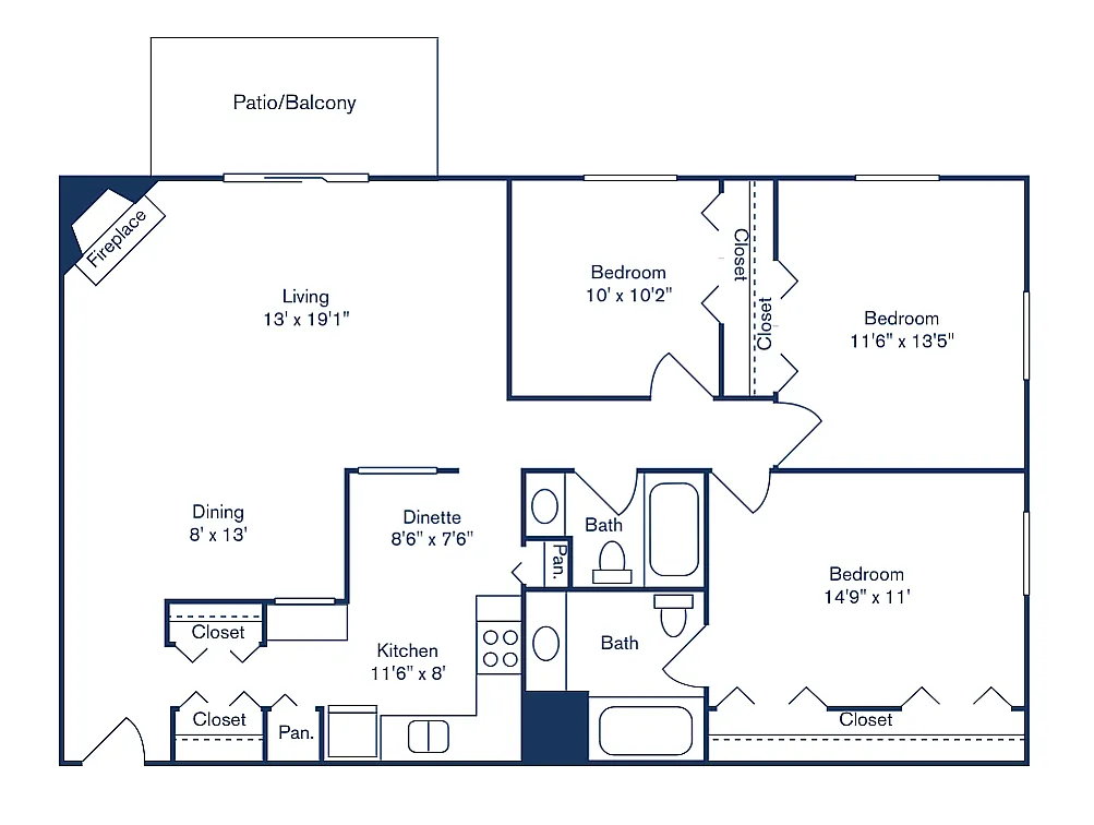 Floor plan 3 Bedroom, 2 Bath (1,288 sqft.)