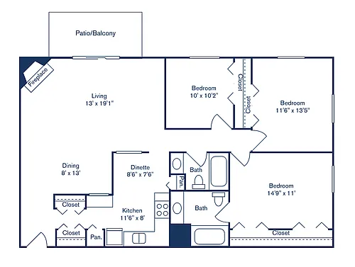 Floor plan 3 Bedroom, 2 Bath (1,288 sqft.)
