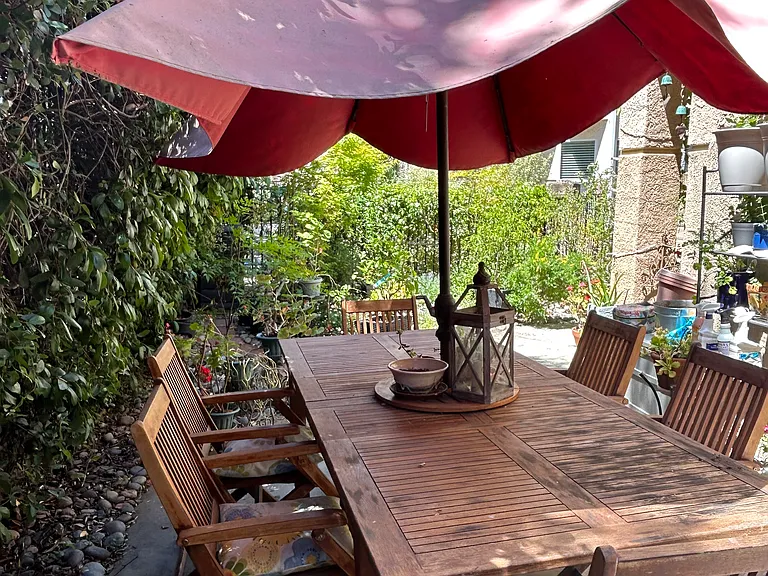 Green and private patio with gas grill