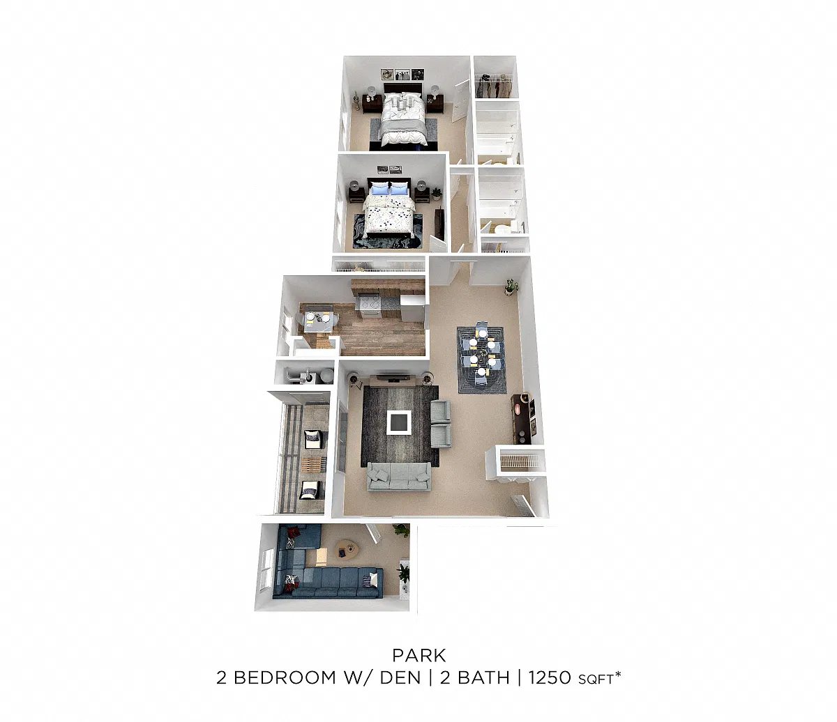 Floor plan Two Bedroom 2 Bath w/ Den - 1,250 sqft