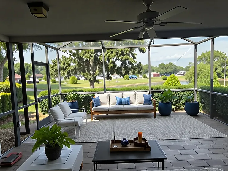 Back patio shaded by Magnolia tree, overlooking pond and golf course.