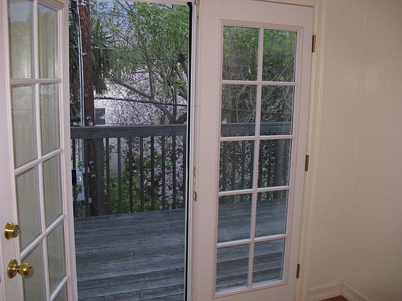 Looking thru french doors onto deck