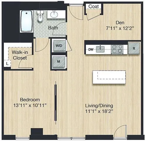 Floor plan Tier 16.0 - Small 1 Bed/1Bath w/ Den