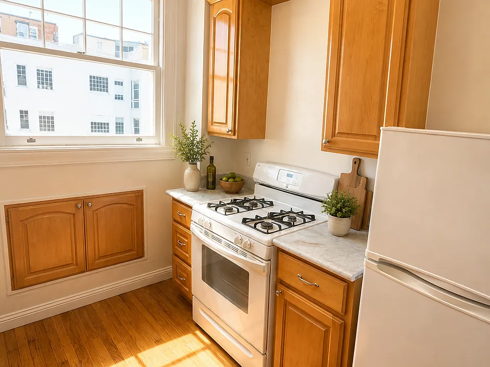 Unit #601 kitchen with gorgeous maple cabinetry!