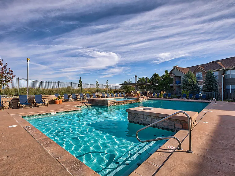 Expansive tanning area, pool and spa