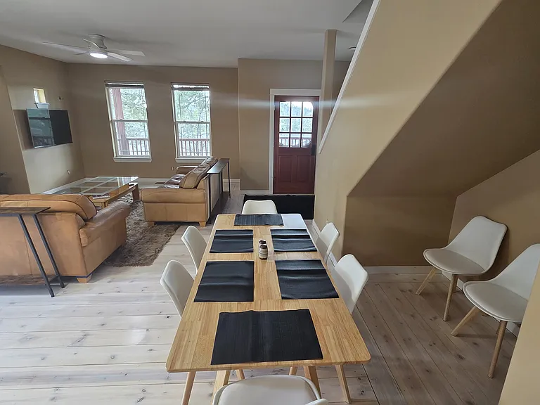 Dining space and living room