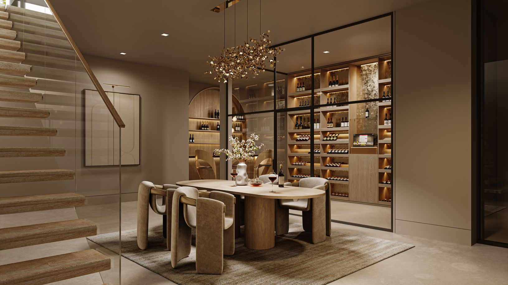 A statement wine room with integrated digital collection management
