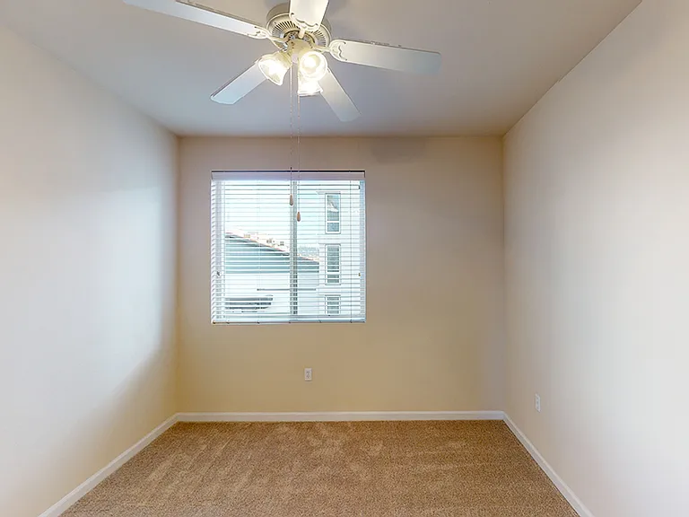 Spacious apartment bedroom with plush carpet flooring.