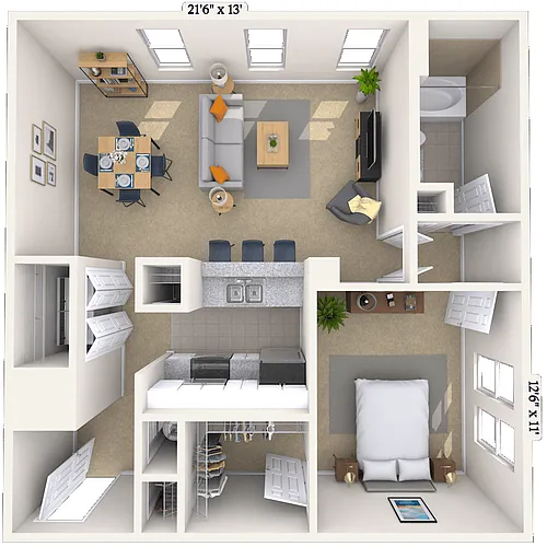 Floor plan Traditional 1x1 729-999 SF