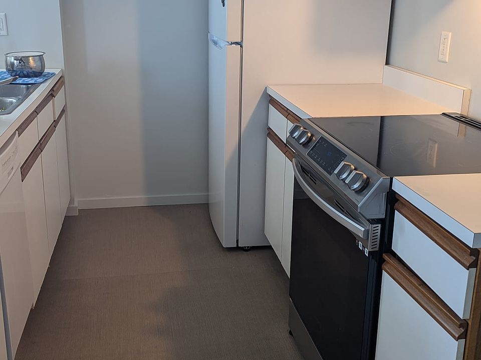 kitchen with new electric induction stove and new refridgerator, freshly painted