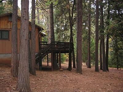 Side of home and back deck surrounded by tall trees