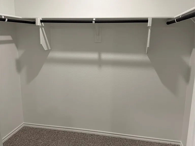 Walk-in closet featuring carpet flooring, crisp white walls, and built-in shelving with hanging rods