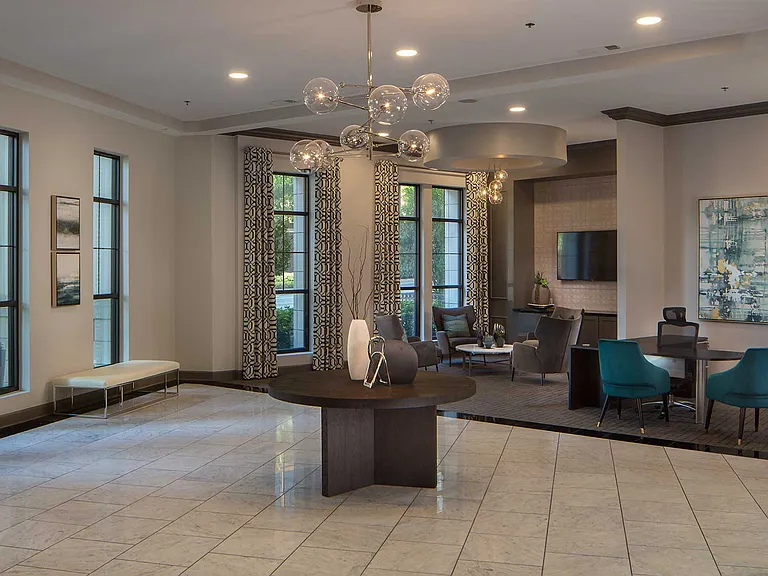 Lobby area with desks and seating