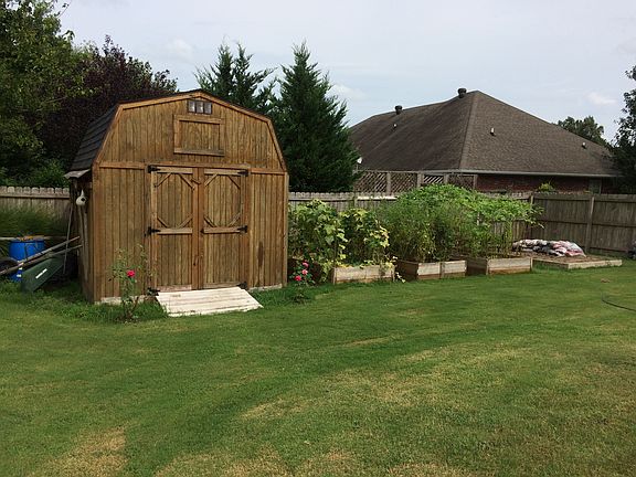 storage shed, garden beds