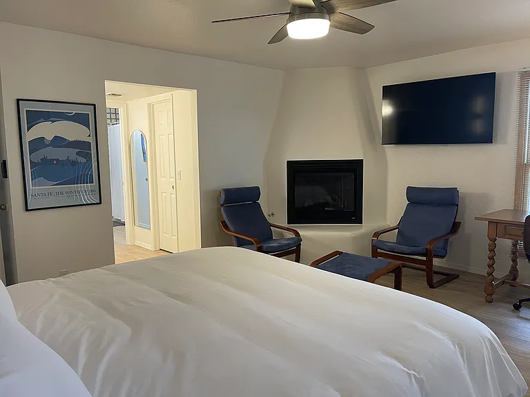 Primary Bedroom with modern kiva gas fireplace