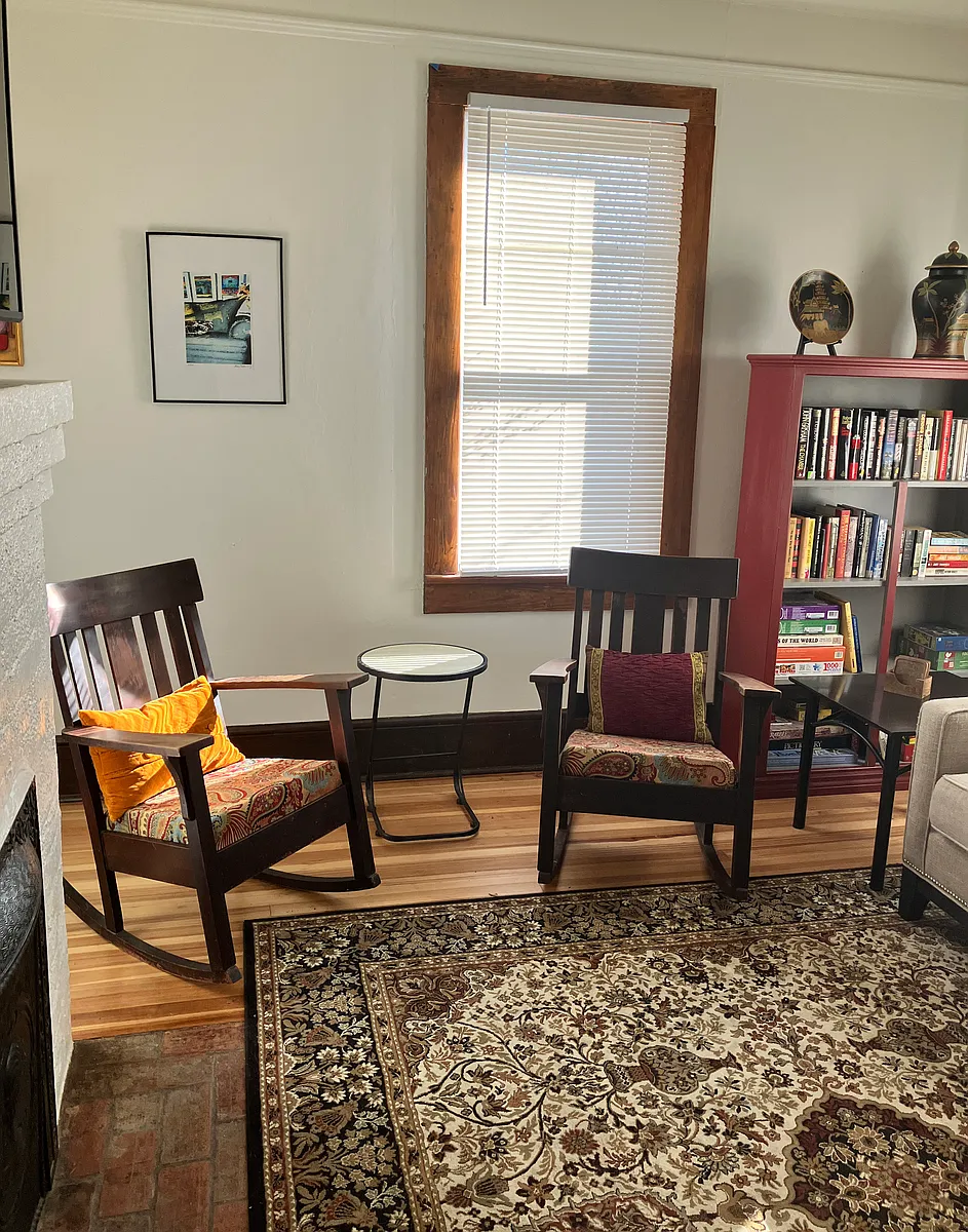 ...and two farmhouse rocking chairs, also comfy!
Flat screen smart tv above non-functional fireplace. - 310 Old Haw Creek Rd