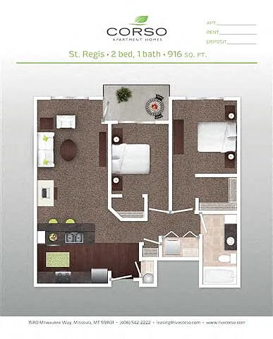 Floor plan 2BR x 1BA - St. Regis