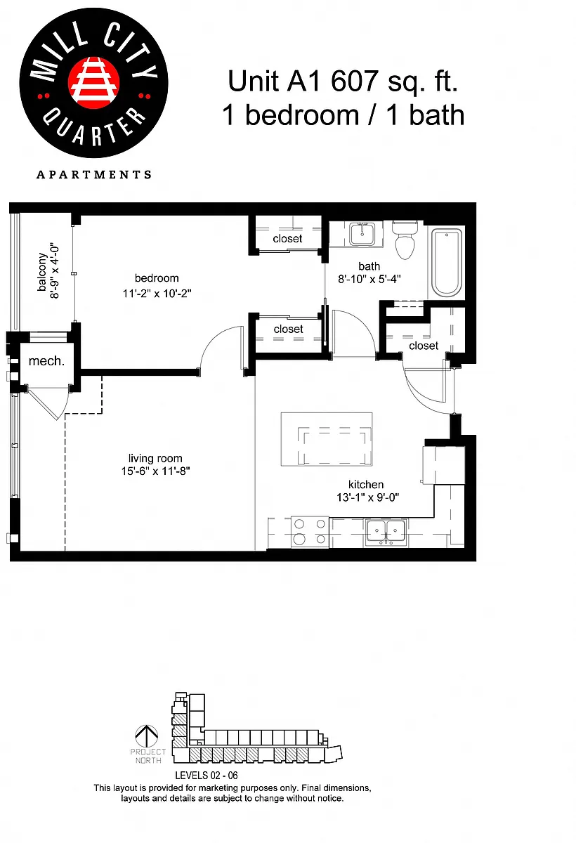 Floor plan 1 Bedroom A1 60%