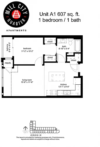Floor plan 1 Bedroom A1 60%