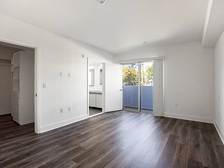 Bedroom with Walk-In Closet, Vinyl Flooring, and Balcony